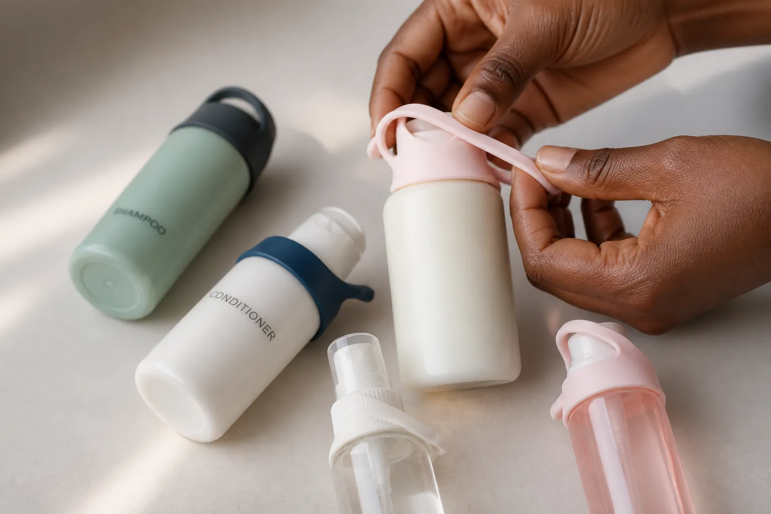 A visual demonstration showing silicone travel sleeves stretching over and securing various sizes of travel bottles including shampoo, conditioner, lotion, and spray bottles in a step-by-step application guide