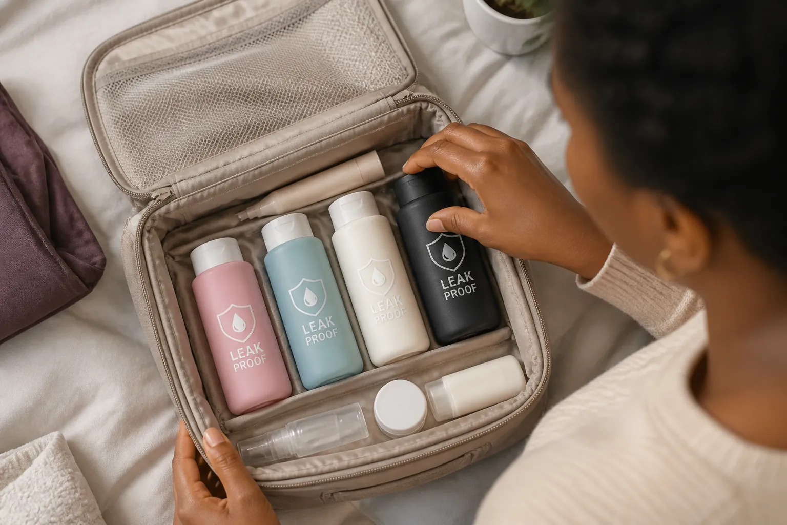 A neatly organized travel bag with toiletries secured using colorful silicone sleeves, showing a stress-free packing solution for modern travelers