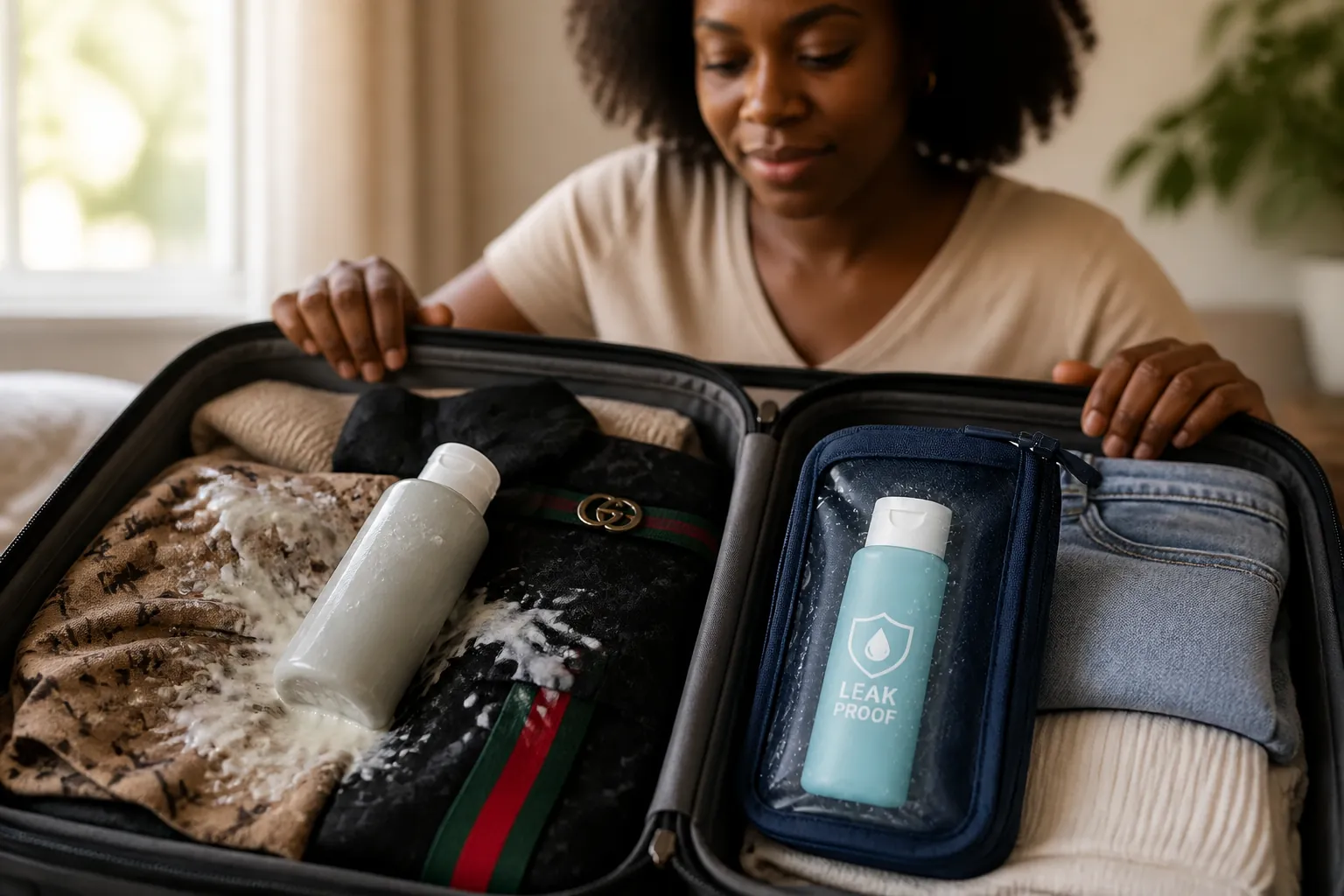 Designer clothing items covered in spilled body lotion, with expensive garments ruined by sticky liquid that escaped from an unsecured travel bottle during suitcase handling