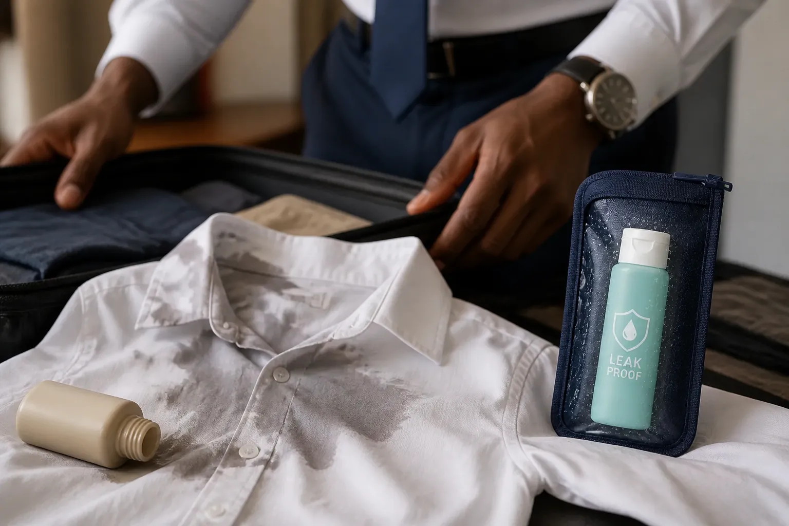 A ruined business outfit with dark conditioner stains spreading across a white dress shirt, the type of damage that occurs when travel-sized conditioner bottles leak during air travel
