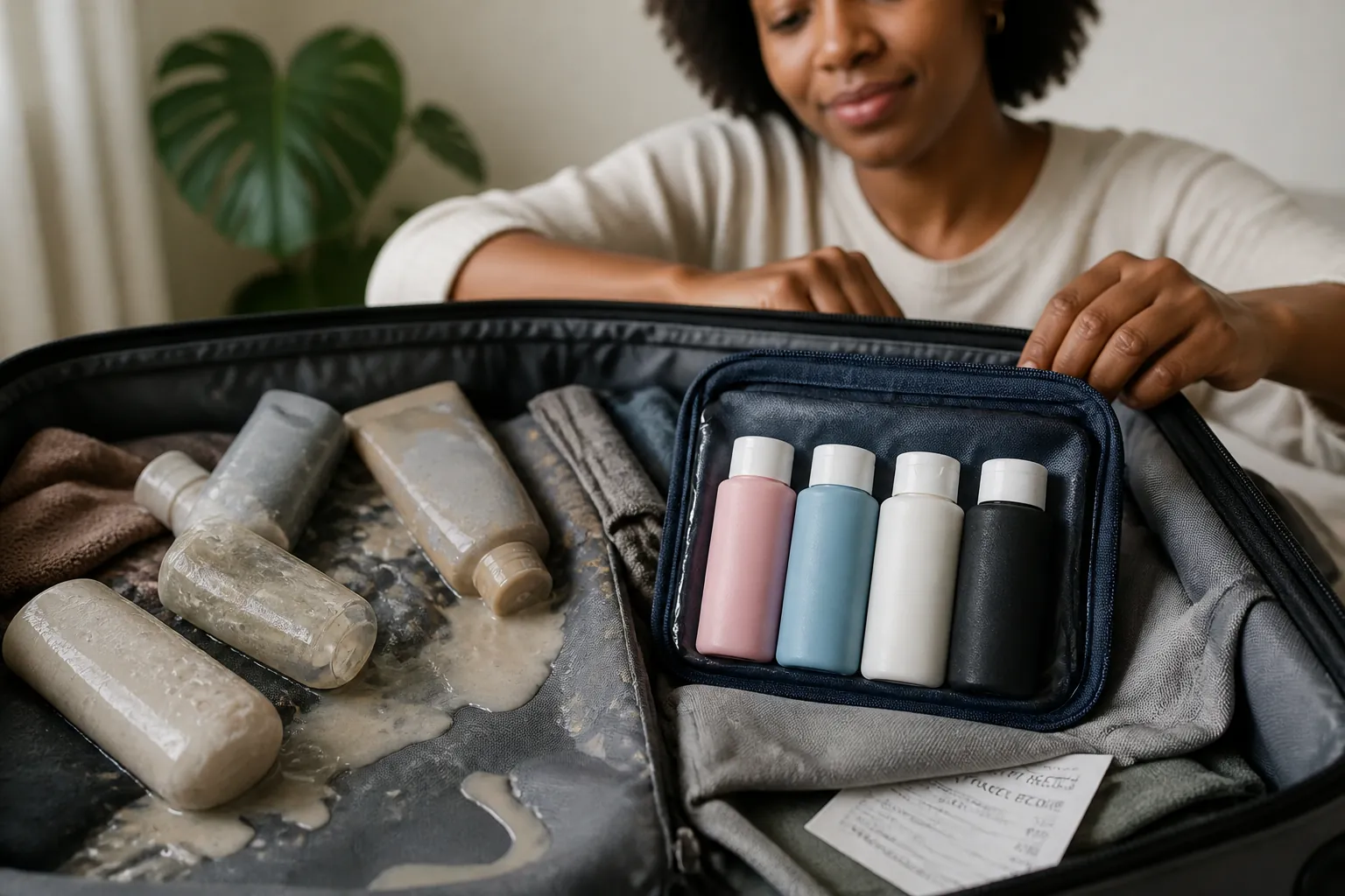 A collection of travel-sized toiletries with their contents spilled throughout a disorganized bag, highlighting the chaos and waste that occurs when bottles are not properly sealed during journeys