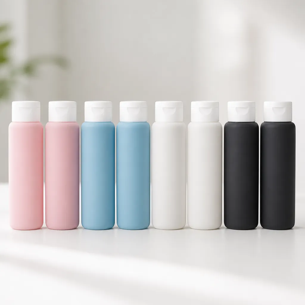 An elegant product photography shot of 8 colorful silicone travel bottle sleeves arranged in a clean display, showing the premium quality and variety of the leak-proof solution