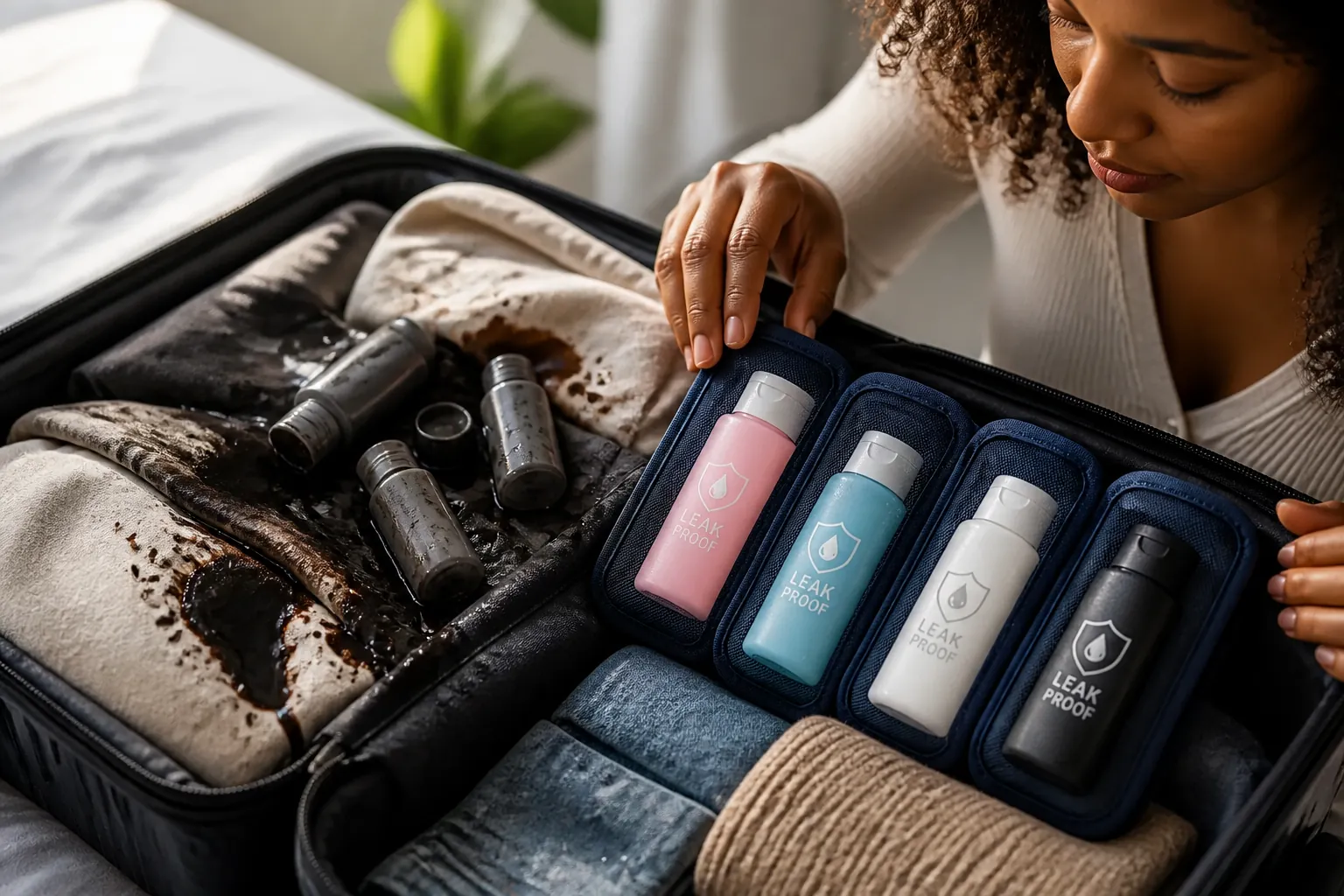A luxury suitcase interior stained with leaked shampoo, with dark liquid spreading across neatly packed clothes, showing the common travel nightmare of toiletries spilling during flights