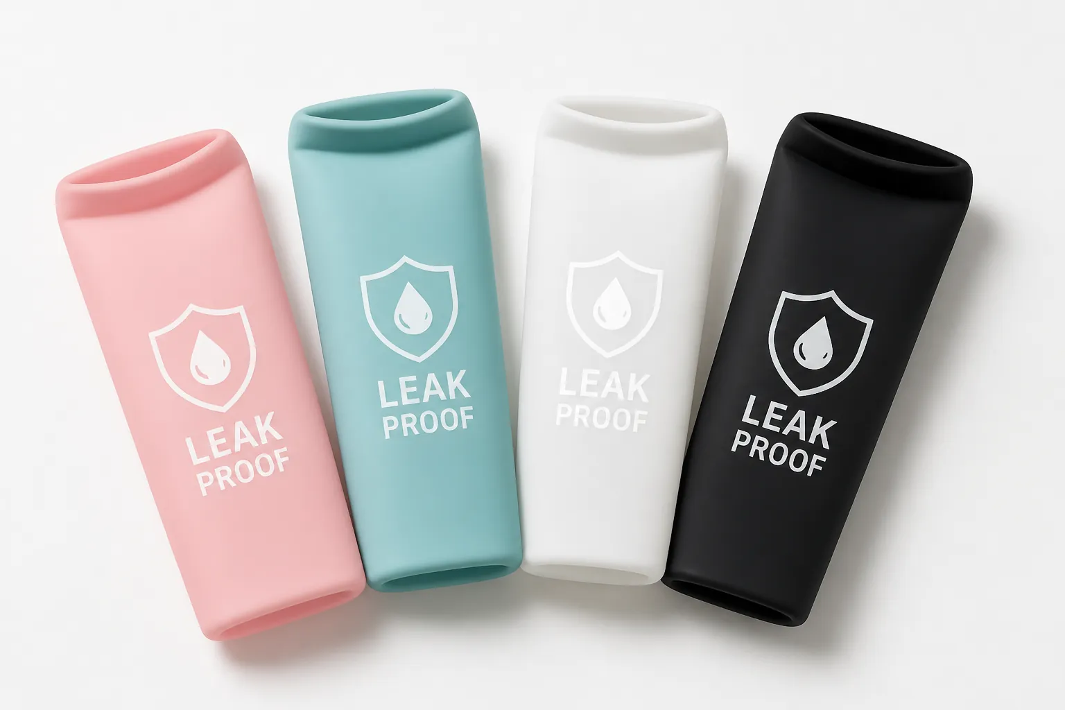 Close-up view of all 4 silicone sleeve colors arranged together showing the complete color variety of the travel leak-proof solution