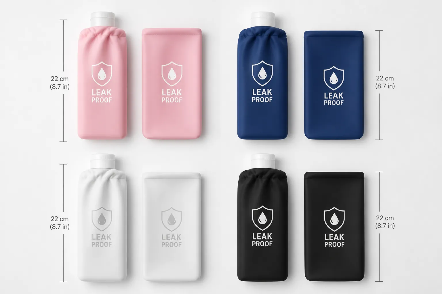 A professional flat lay photography showing all 8 silicone travel sleeves organized by color with size reference markings, displaying the complete 4-color variety pack of leak-proof bottle protectors