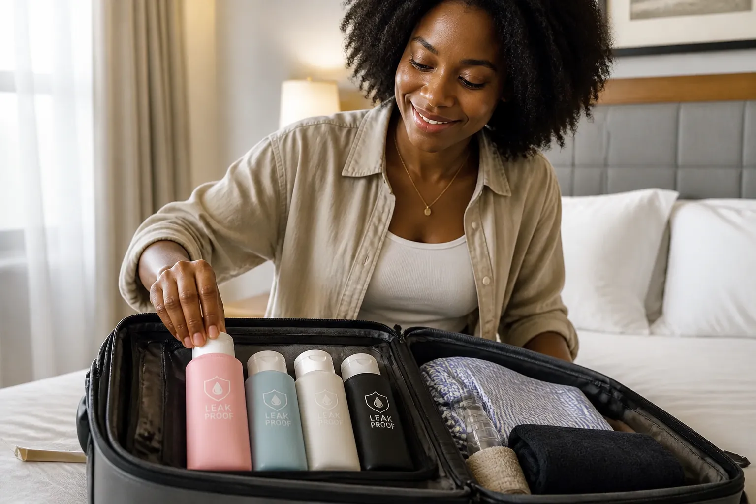 A content female traveler arranging her organized suitcase in a bright hotel room, with neatly packed toiletries visible, demonstrating stress-free packing with leak-proof bottle protection