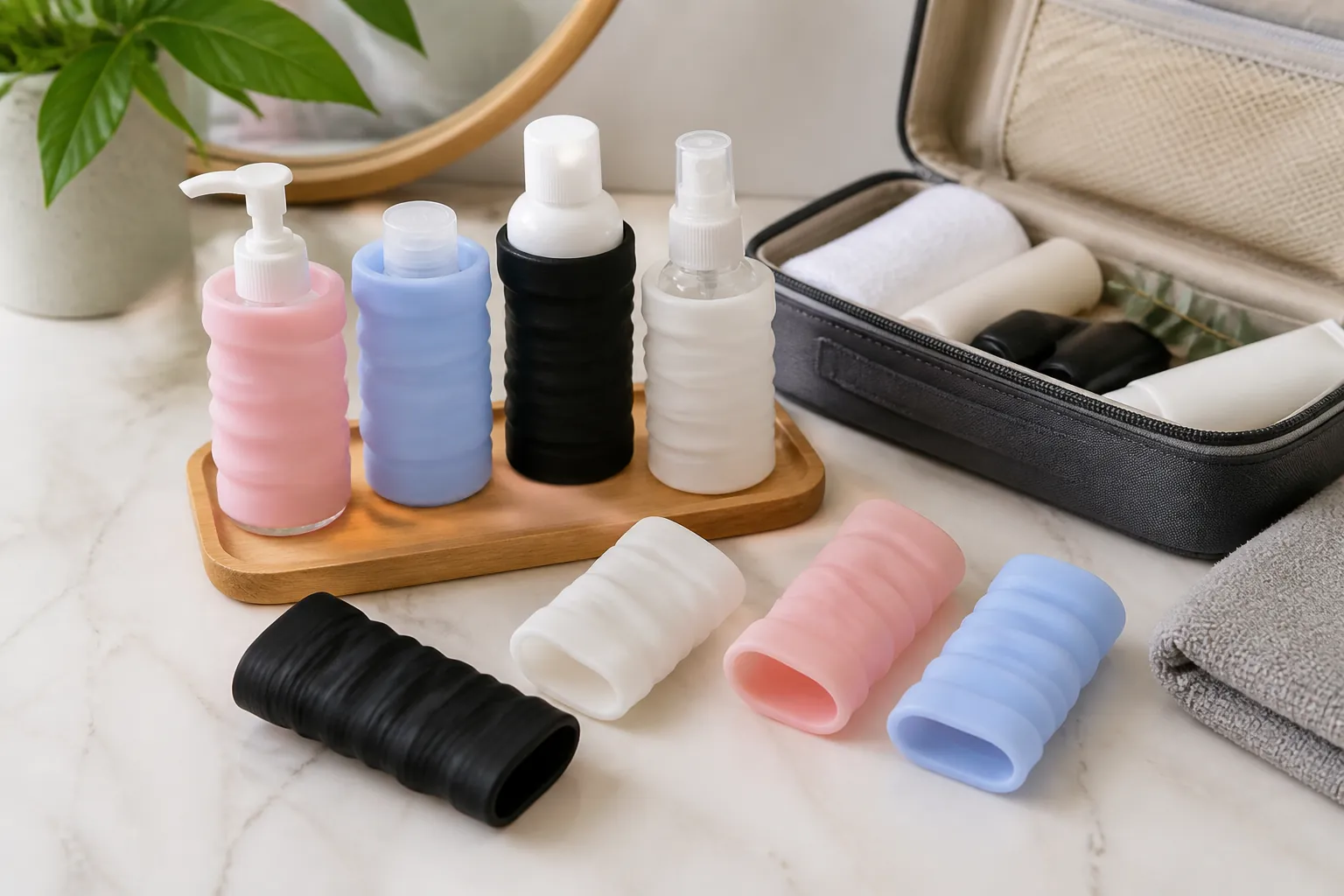 The complete 8-piece leak-proof silicone sleeve pack featuring all 4 colors displayed on a clean white background, showcasing the premium travel bottle protection solution