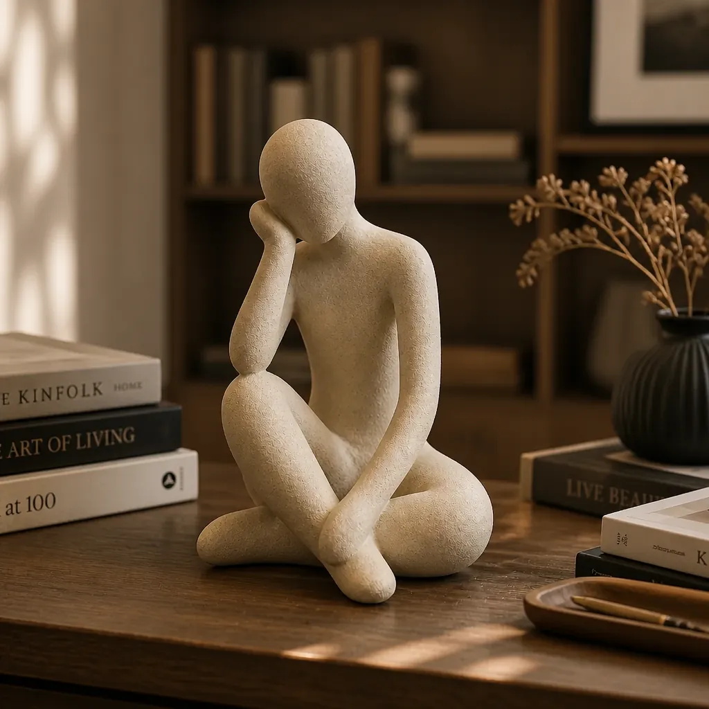 Abstract Thought Thinker Accent on a wooden study desk surrounded by books and intellectual decor
