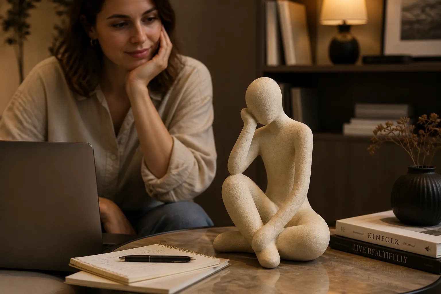 Inviting home office with Abstract Thought Thinker Accent creating an inspiring intellectual atmosphere