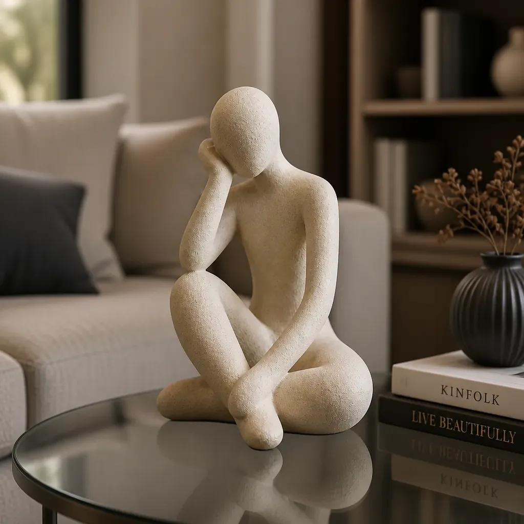 Abstract Thought Thinker Accent elegantly displayed on a modern glass coffee table in a contemporary living room
