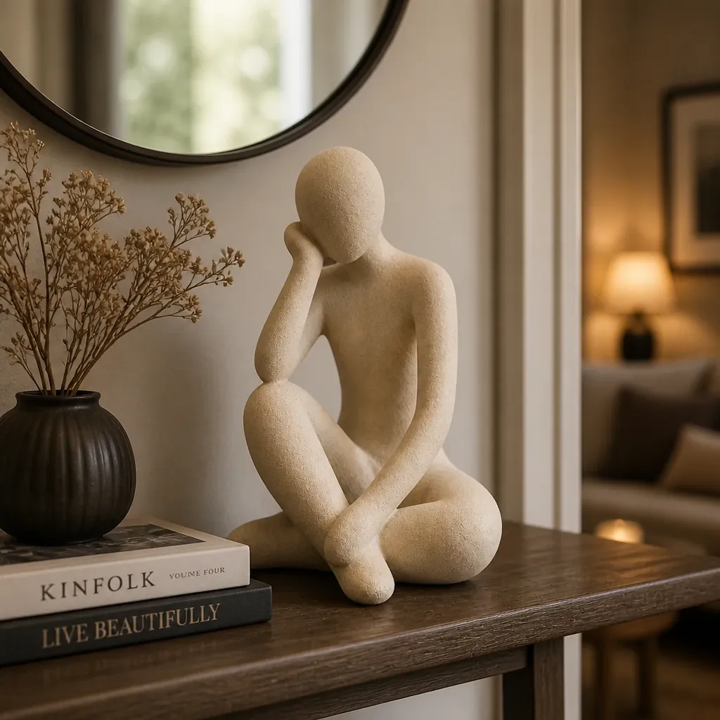 Abstract Thought Thinker Accent as a centerpiece on a stylish entryway console table with warm welcoming decor
