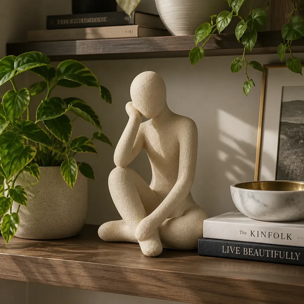 Abstract Thought Thinker Accent placed on a bedroom shelf with other curated decor items and plants