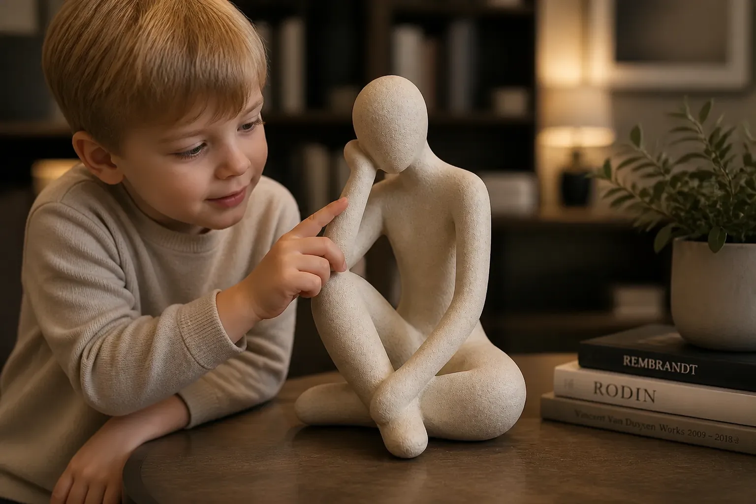 Heartwarming scene of a curious child examining and interacting with the Abstract Thought Thinker Accent in a cozy study room