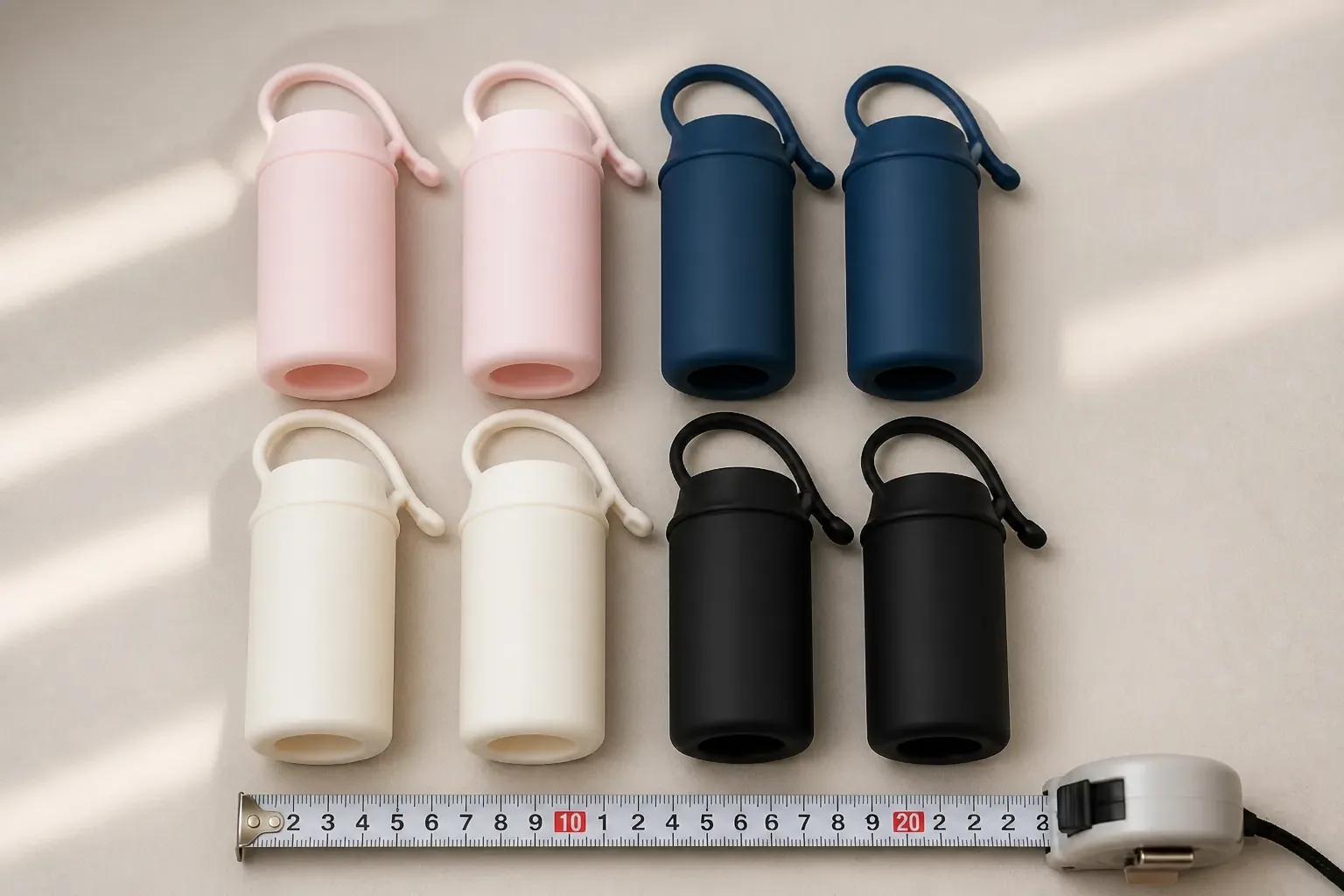 Complete set of 8 leak-proof silicone sleeves arranged in a grid showing all 4 colors with a measuring tape showing 22cm size