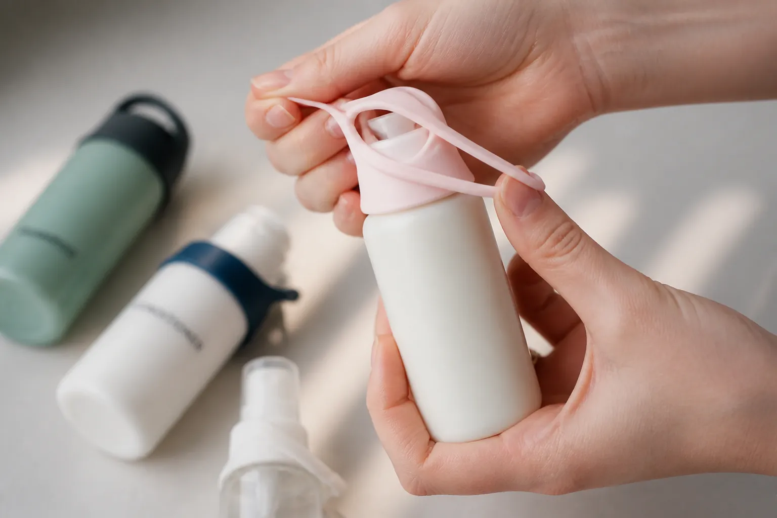 Stretchable silicone sleeve being pulled over a small travel sprayer bottle demonstrating the flexible elastic fit