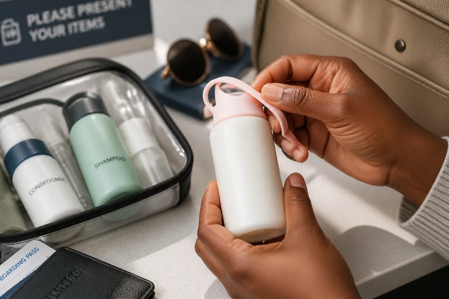 Leak-proof sleeves in action at airport security checkpoint with organized toiletries bag and travel accessories