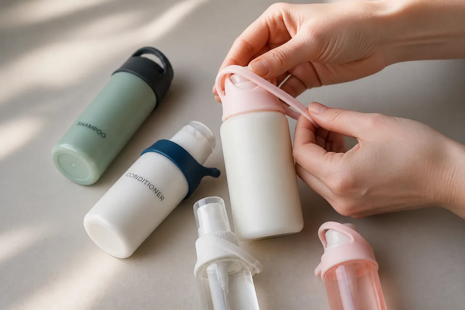 Multiple toiletry containers of different sizes with silicone sleeves fitted showing the universal versatility