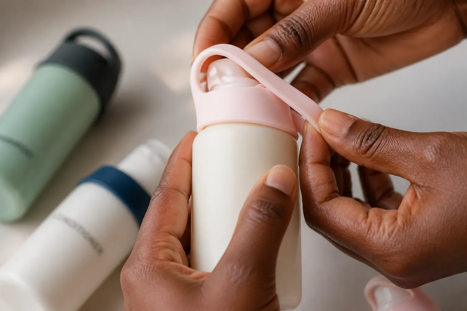 Silicone sleeve stretched over a pump-top cleanser bottle with the elastic material adapting to the unique shape