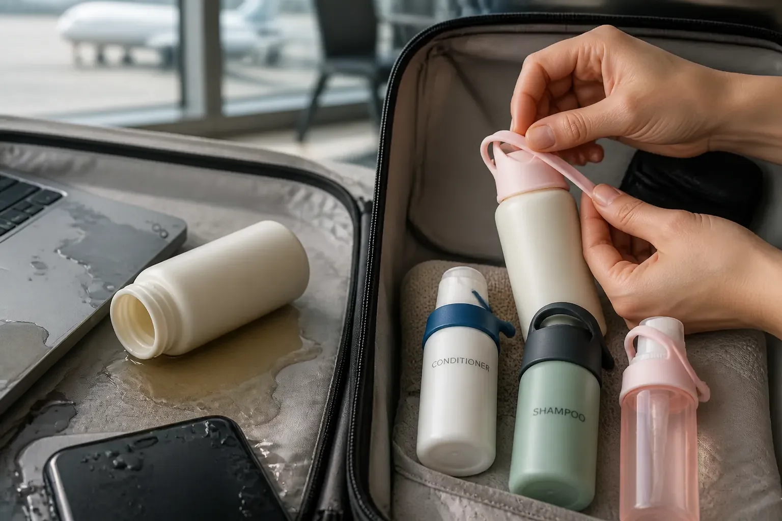 Damaged laptop and phone with visible liquid stains from toiletries leak in travel bag near airport terminal