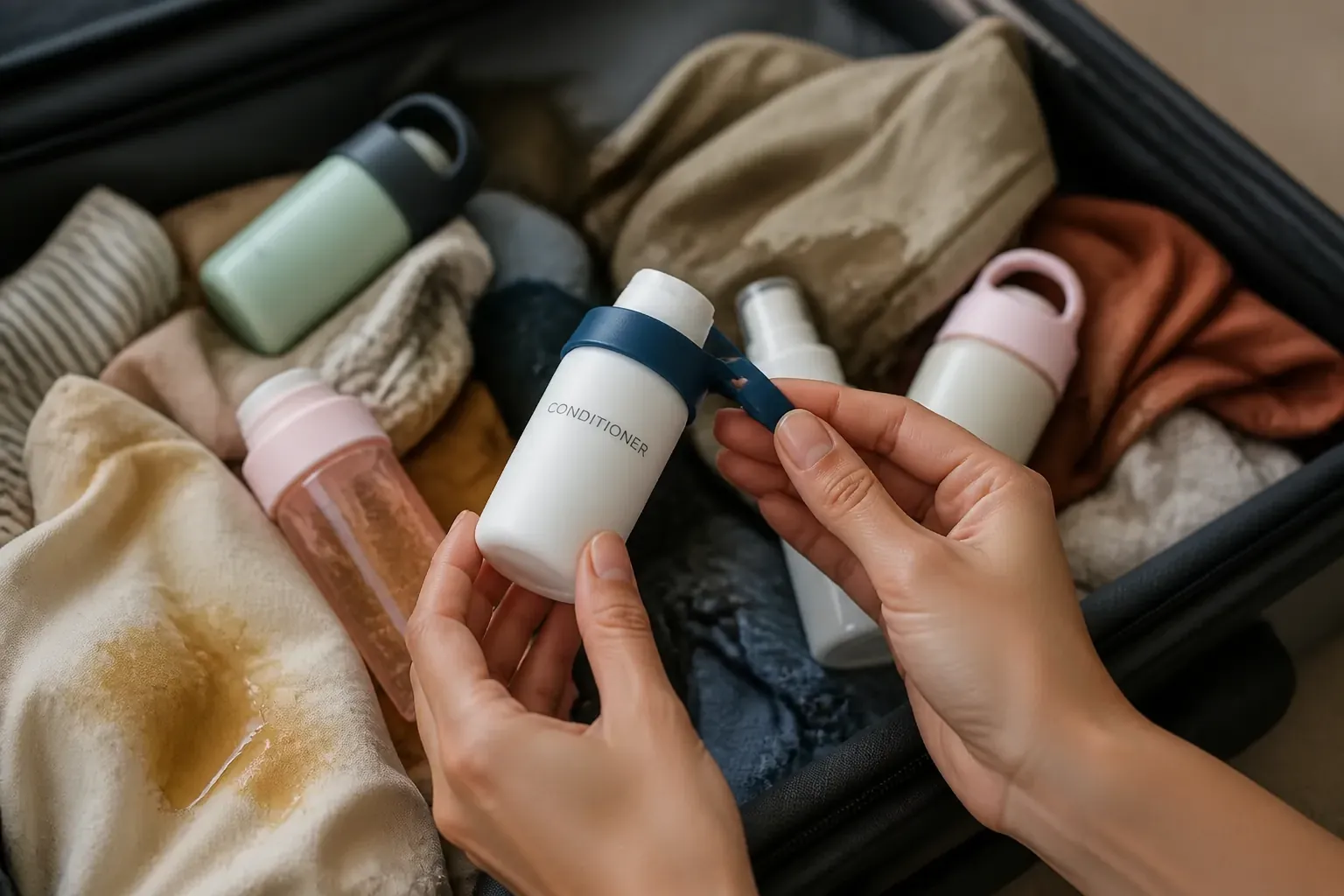 Messy suitcase interior showing ruined clothes stained with shampoo and toiletries leaking from bottles