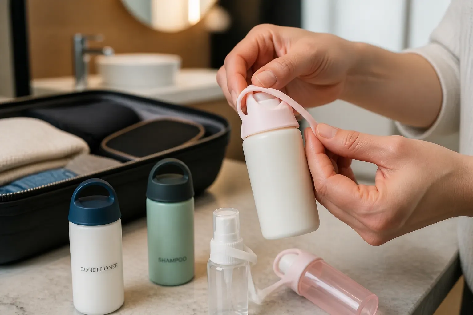 Happy traveler using leak-proof sleeves on bathroom bottles in modern hotel room near open suitcase with organized clothes