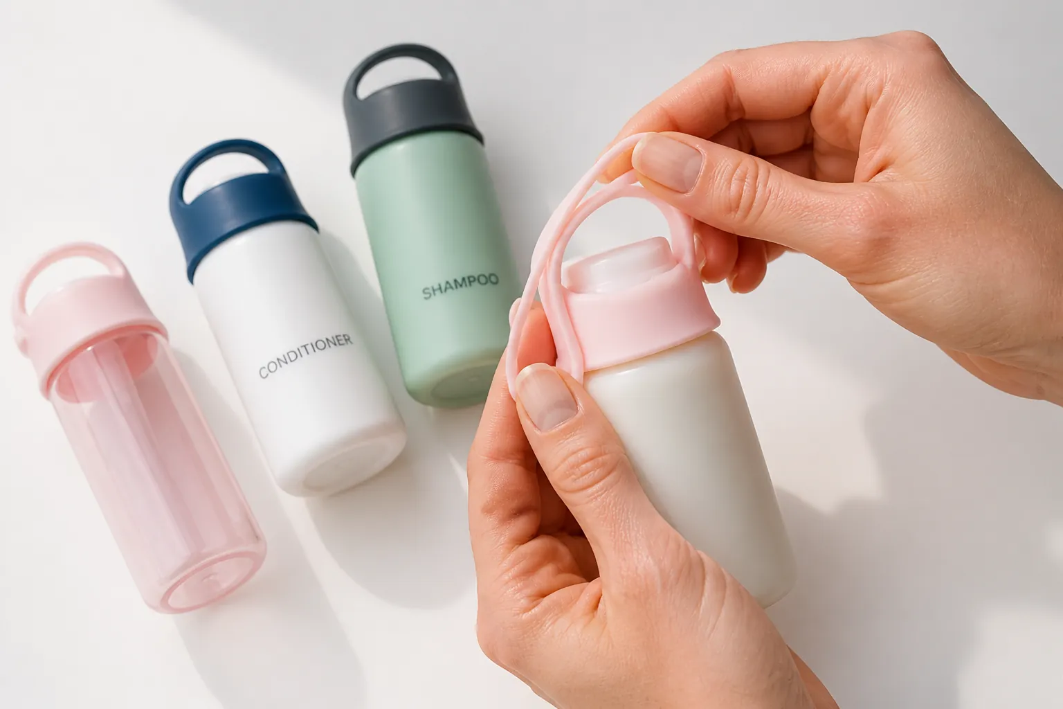 Premium silicone leak-proof sleeves displayed in all four colors: pink, blue, white, and black arranged in a pleasing layout on white background