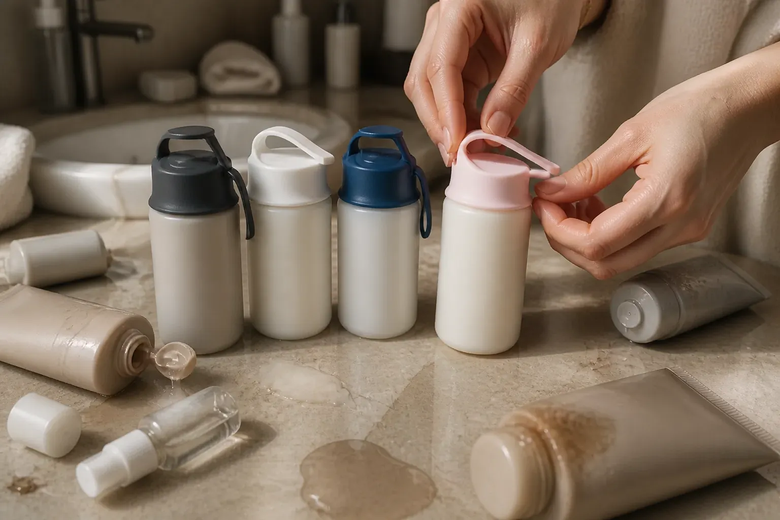Disorganized toiletries bag with leaked cosmetics and bathroom products spreading across hotel bathroom counter