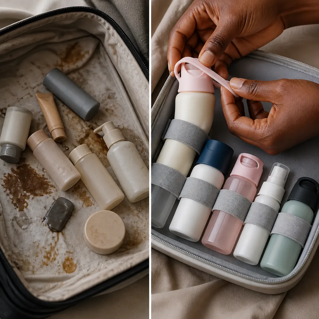 Split comparison photograph showing cosmetics and toiletries spilled inside a travel bag on the left, and a perfectly organized neat travel case on the right, highlighting the frustration of travel bottle leaks