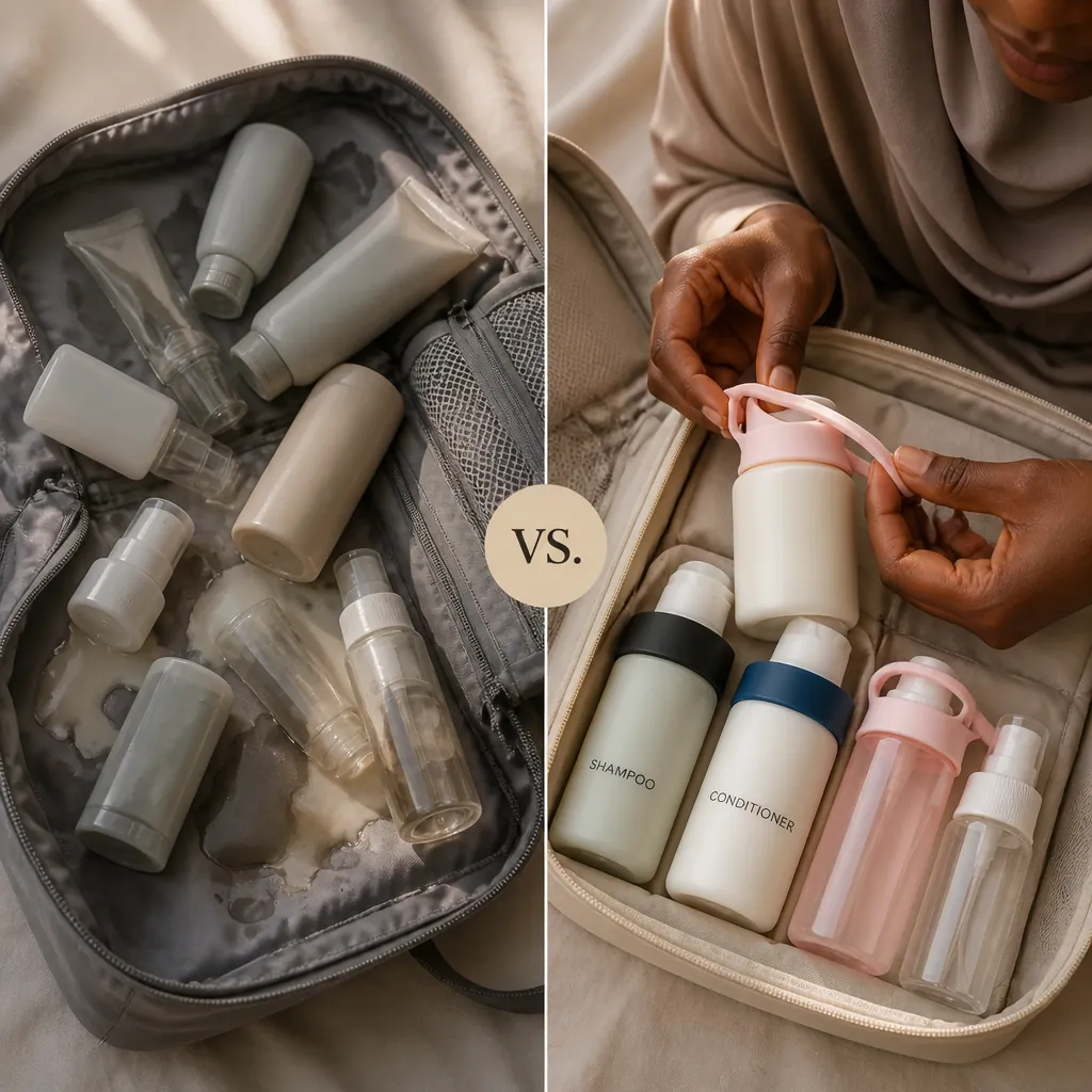 Split view showing a clean, organized travel suitcase on one side contrasted with a messy bag ruined by leaked shampoo and toiletries on the other side, demonstrating the problem this product solves
