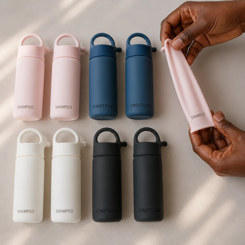 All 8 silicone sleeves arranged in color groups - 2 pink, 2 blue, 2 white, and 2 black sleeves displayed in an attractive grid pattern showing the complete color variety