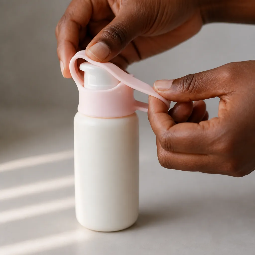 Medium-sized serum or toner pump bottle with a pink silicone sleeve wrapped around the pump head, showing versatile fit