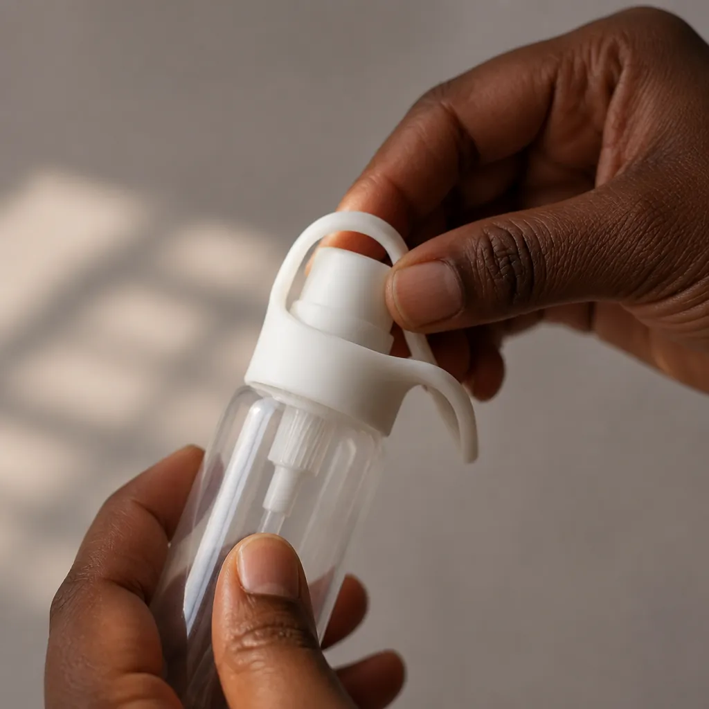 Travel-size spray bottle for face mist or setting spray with a white silicone sleeve covering the spray nozzle mechanism
