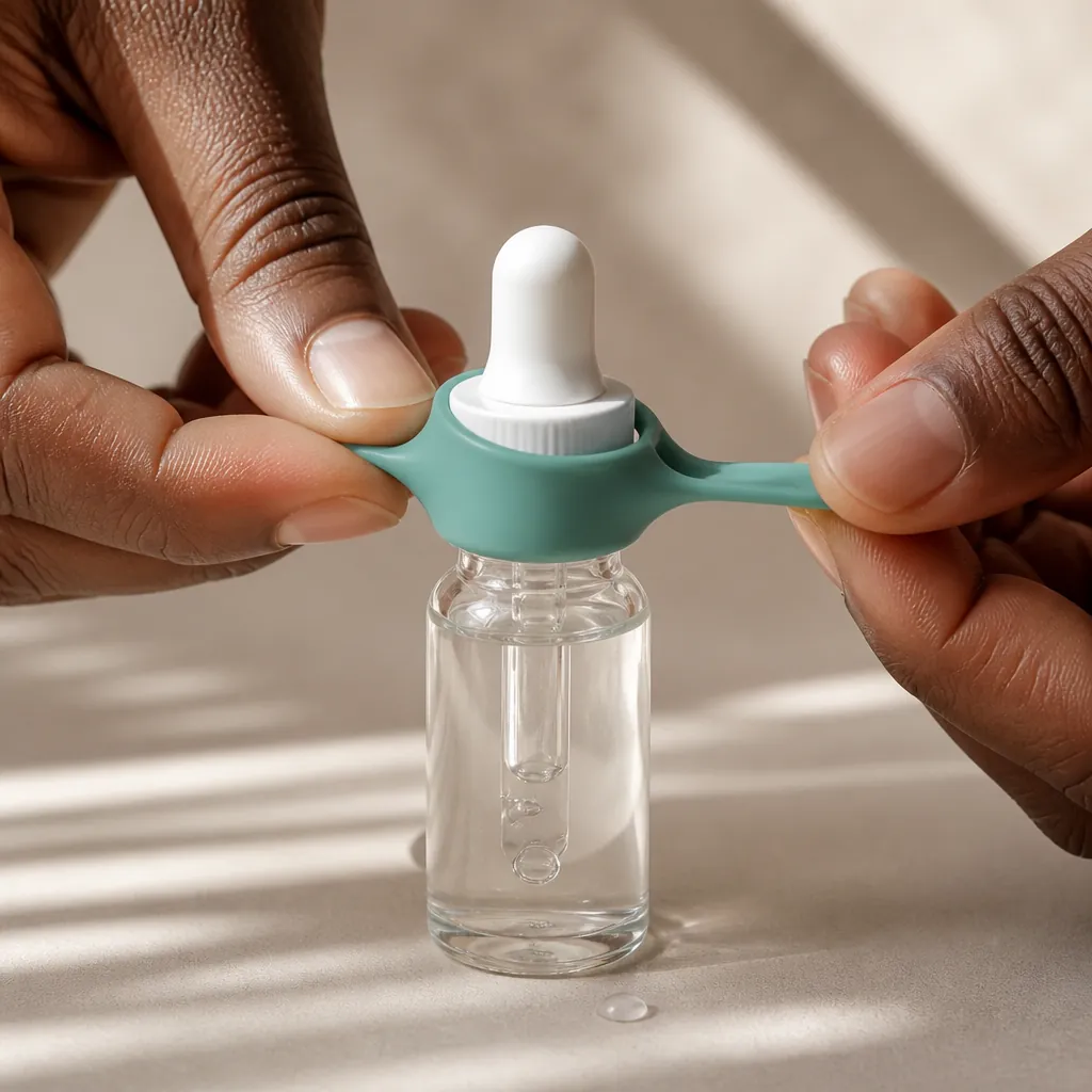 Small 10ml essential oil dropper bottle with a teal silicone sleeve stretched over its cap, demonstrating how the sleeve fits tiny containers