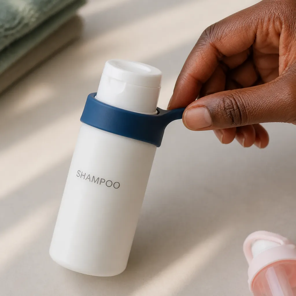 Large travel-sized shampoo or conditioner bottle with a blue silicone sleeve securely wrapped around the flip-top cap, demonstrating large container fit
