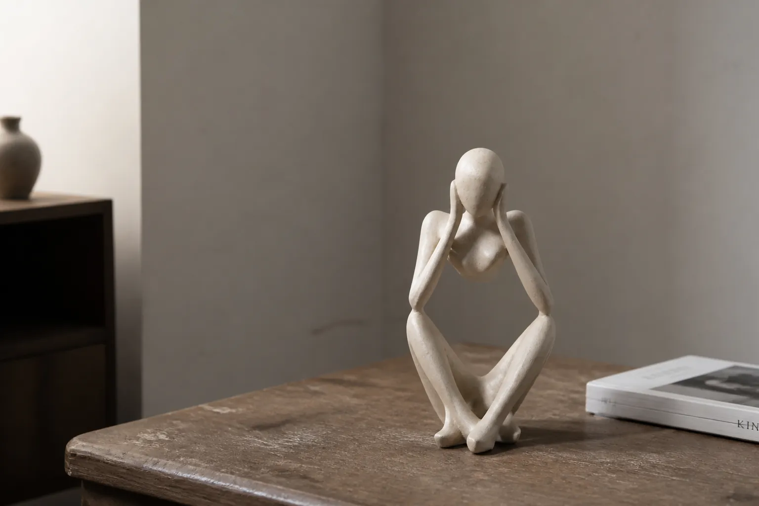A dull and uninspired room corner with empty walls and minimal furniture, lacking personality and visual interest
