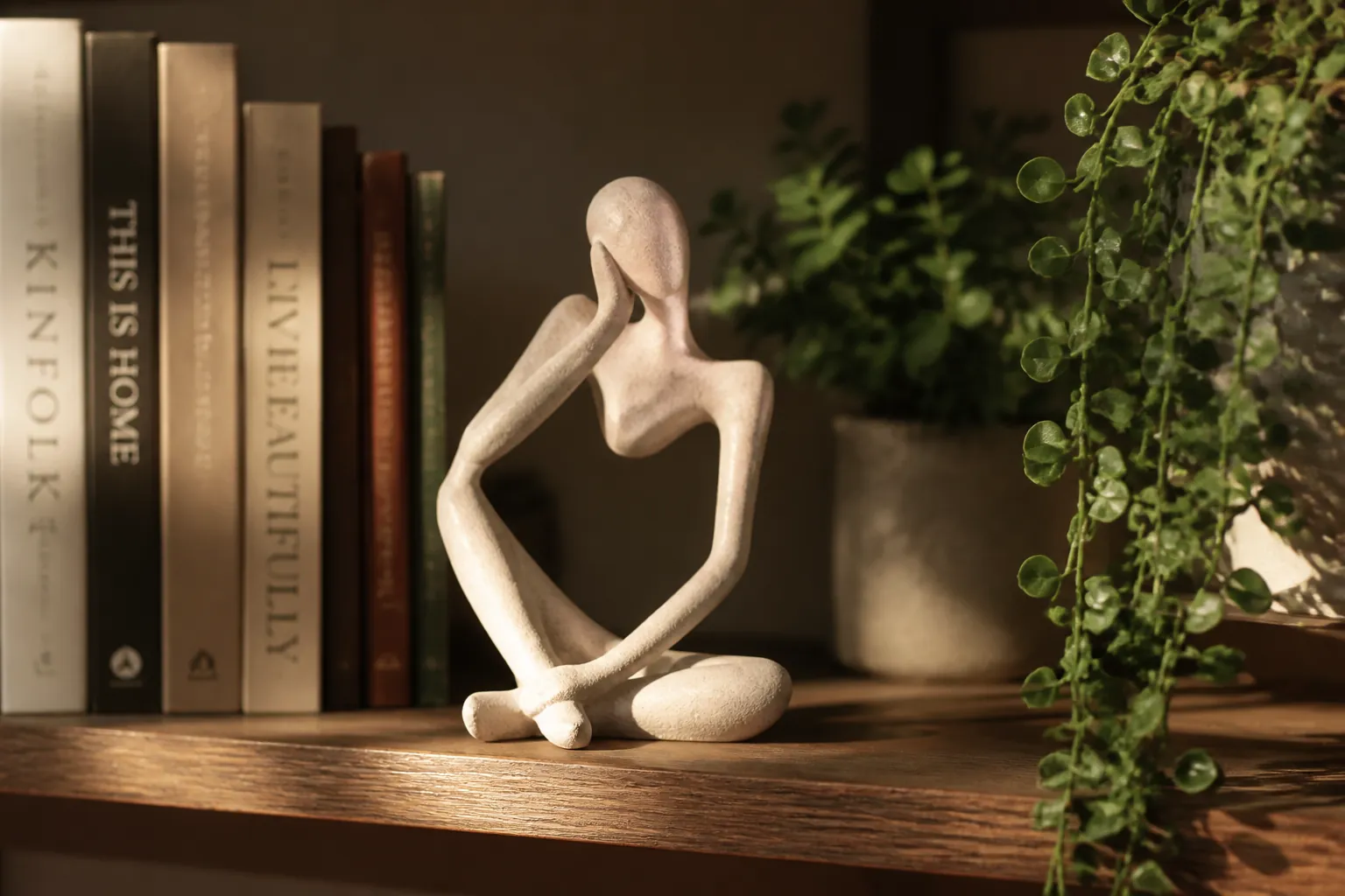 Elegant bookshelf display with the abstract accent piece among decorative books and plants