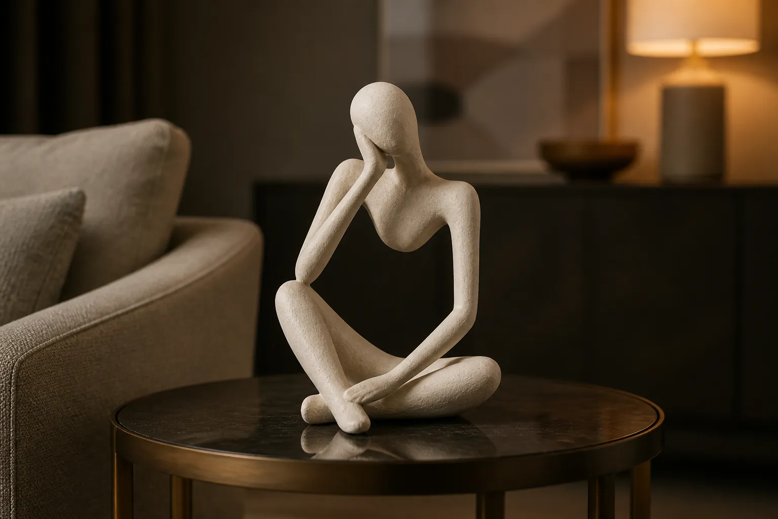 Abstract resin thinker sculpture displayed on a elegant side table in a contemporary living room with warm ambient lighting and neutral tones