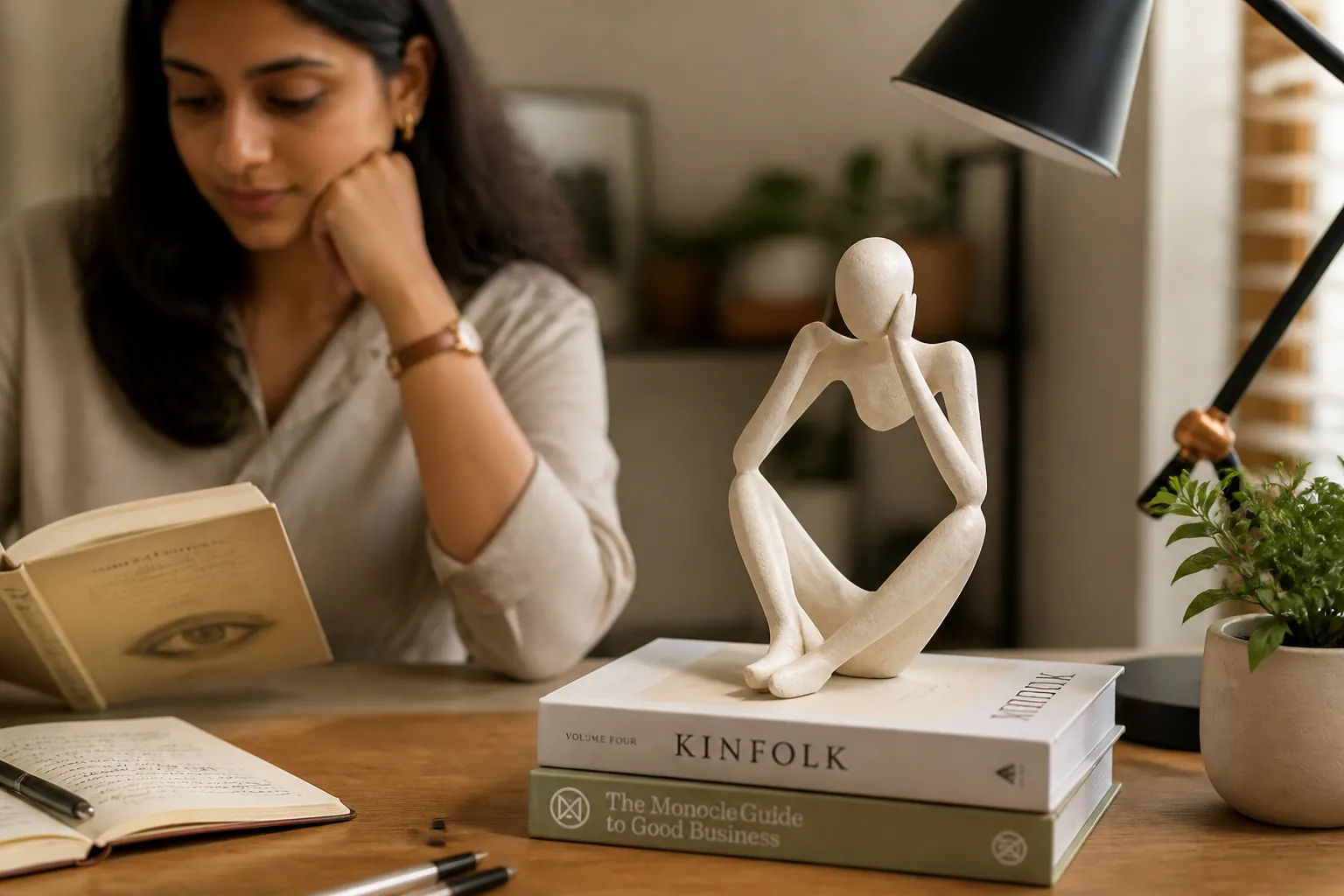 The accent piece placed on a minimalist study desk with books and a lamp for inspiration