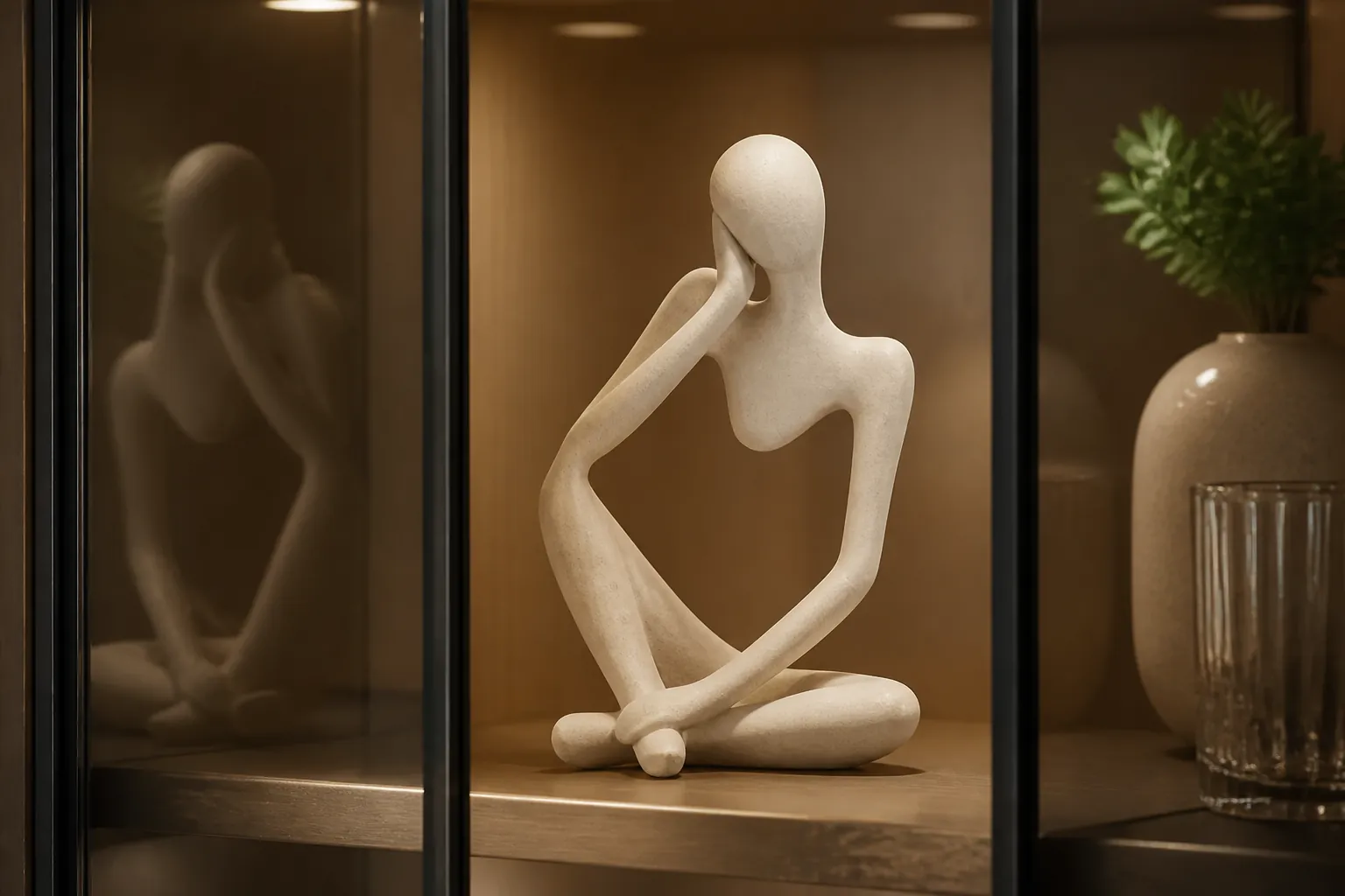 Glass display cabinet featuring the thinker accent with soft interior lighting