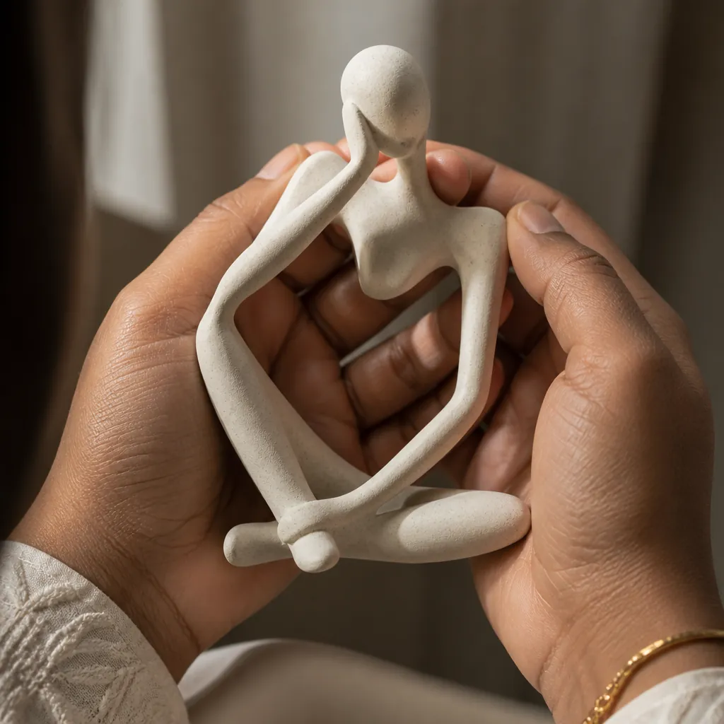 Close-up hands gently holding the premium resin accent piece showing the detailed craftsmanship and smooth finish