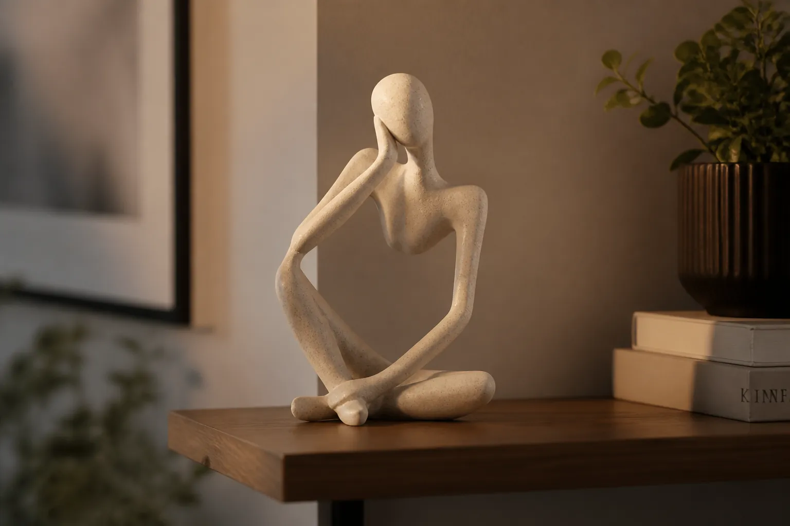 The same transformed room corner featuring the Abstract Thinker Accent on a elegant shelf with warm lighting creating an inspiring atmosphere