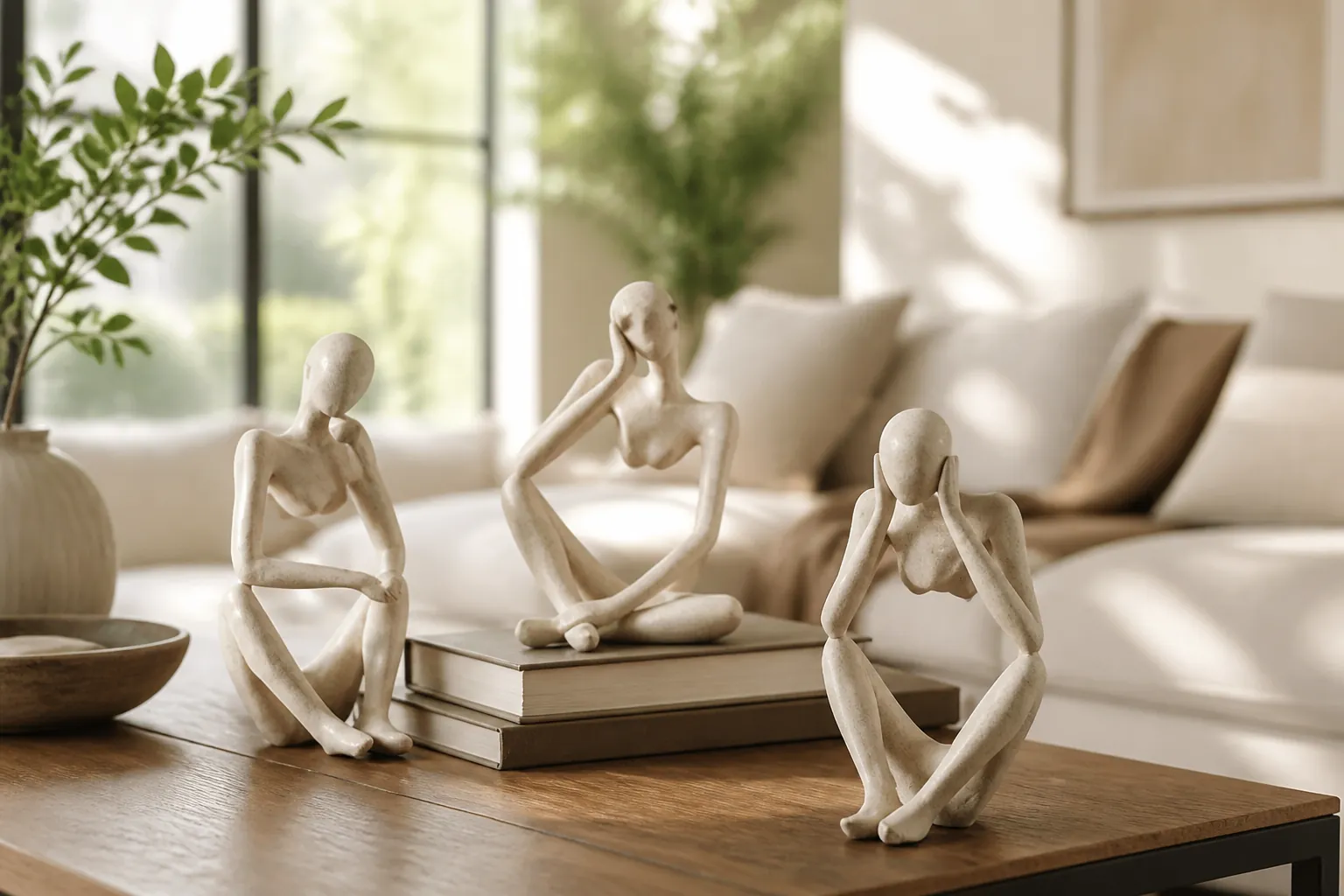 Abstract thinker accent displayed on a stylish wooden coffee table in a bright airy living room