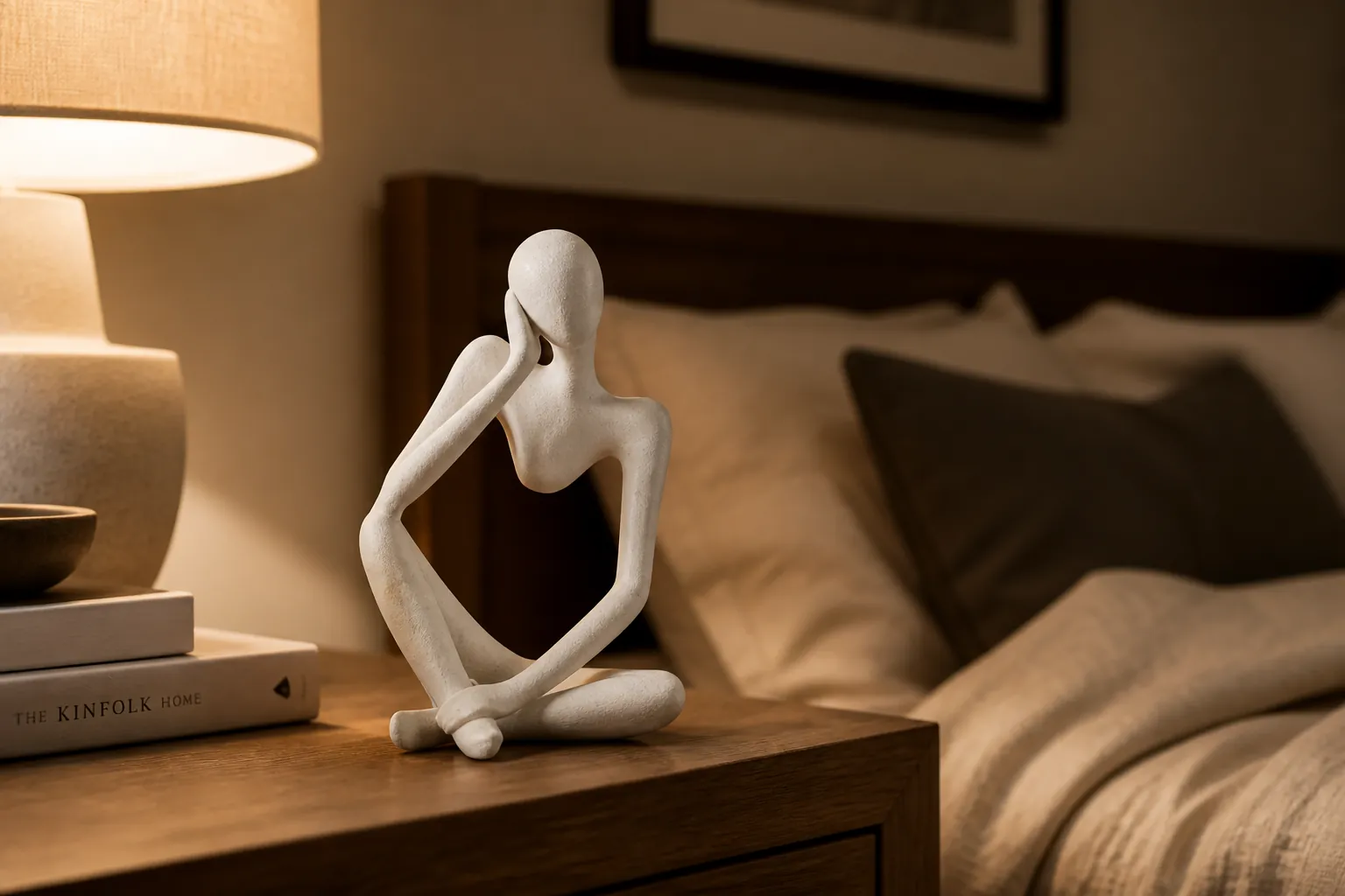 Bedside table styling with the abstract piece and ambient bedroom lighting