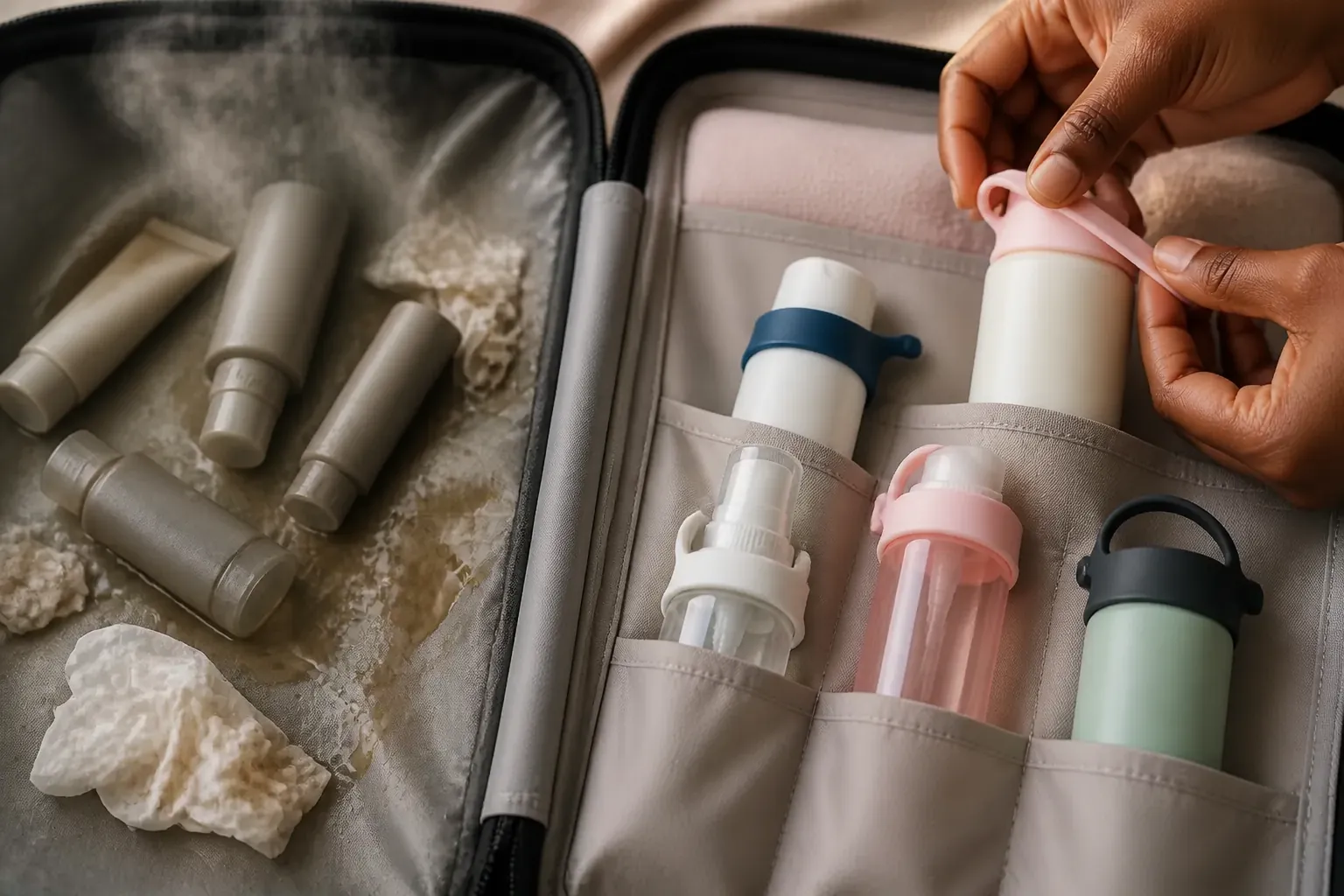 Luggage interior with visible liquid stains and a strong smell emanating from leaked toiletries