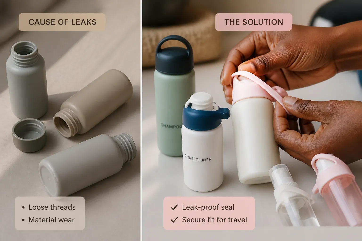 Educational infographic showing the three main causes of travel bottle leaks: air pressure changes during flights, loose cap threads that don't seal properly, and degradation of old worn bottle materials