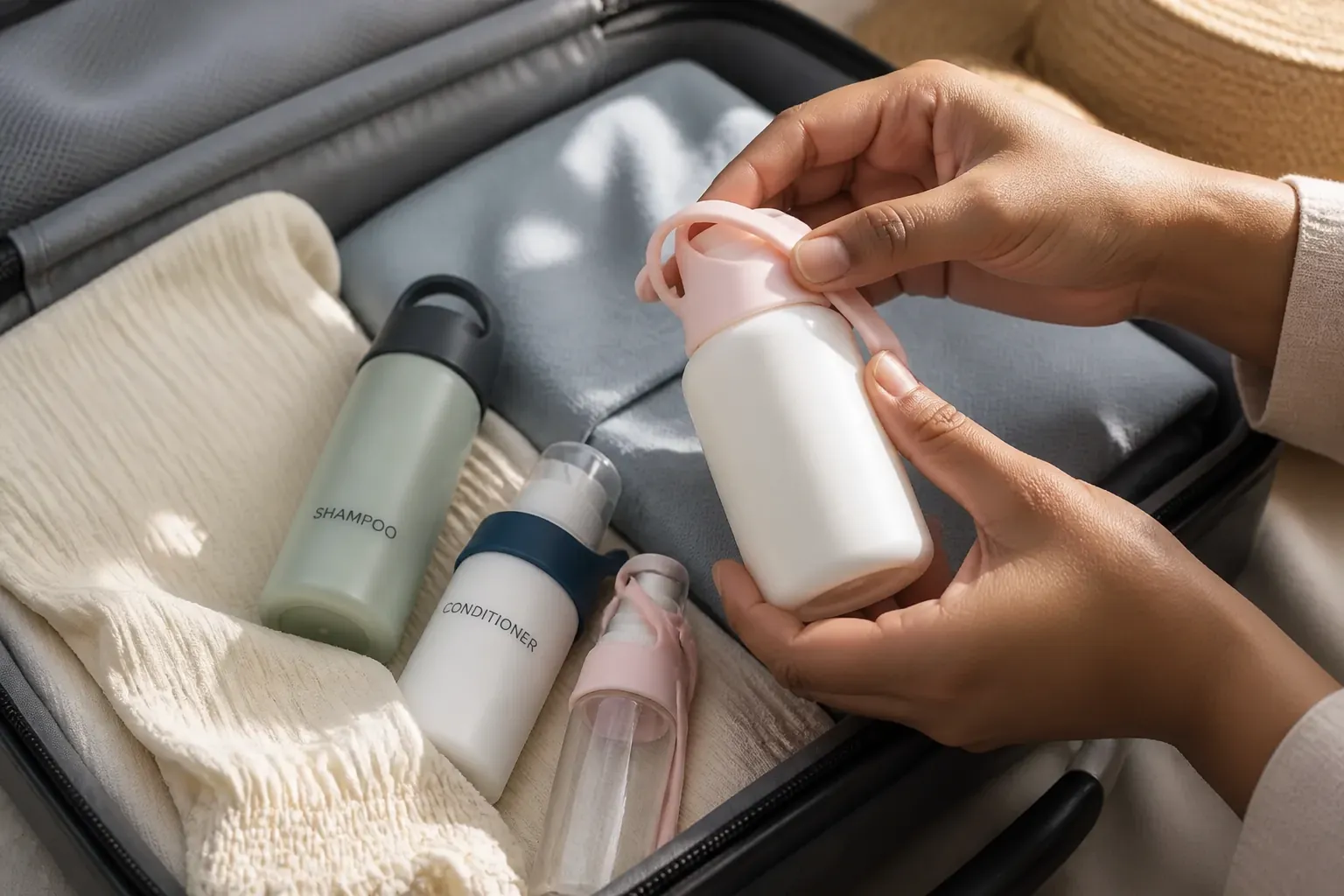 A clean and organized suitcase with neatly packed clothes, fresh-smelling interior, and satisfied happy traveler