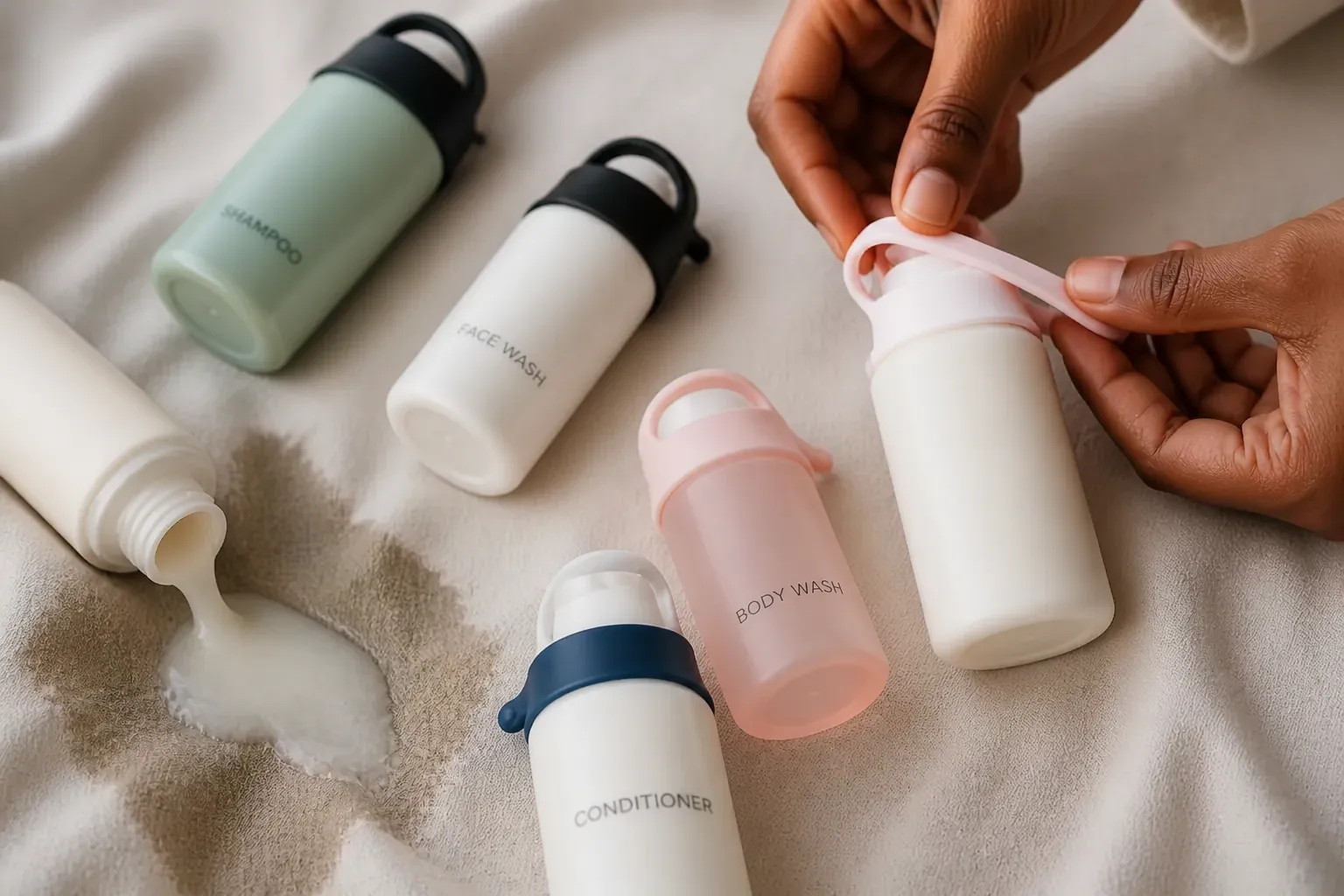 Close-up of clothes stained with leaked shampoo showing the devastating aftermath of a travel bottle leak