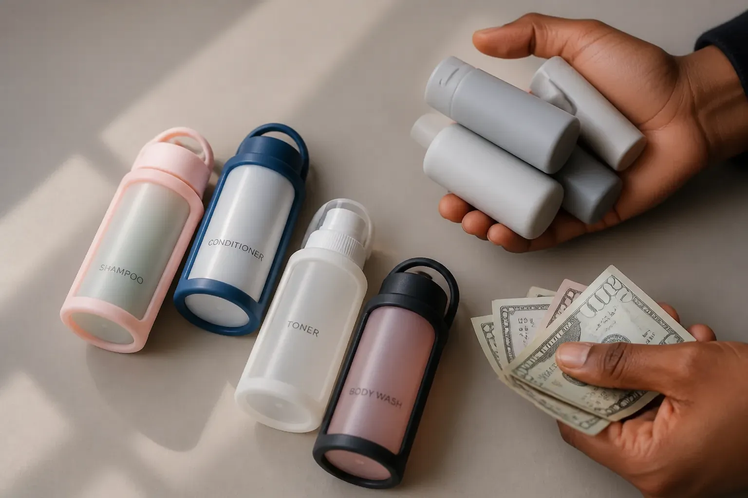 Person holding money while looking frustrated at empty travel-sized product bottles that need replacement