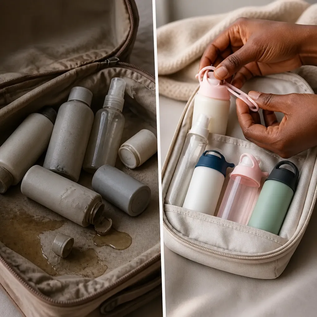 Split view showing a messy suitcase with leaked toiletries on the left and a clean organized bag with protected bottles on the right