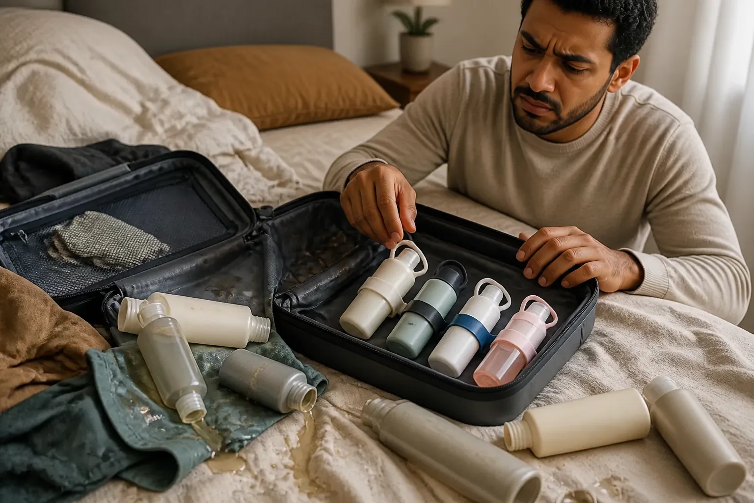 A messy open suitcase with clothes stained by leaked toiletries, toiletries scattered everywhere, and a frustrated traveler looking upset
